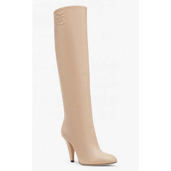 Fendi Karligraphy FF Logo Motif Poudre Beige Nude Leather Knee High Heel Boot 40 - Picture 2 of 12